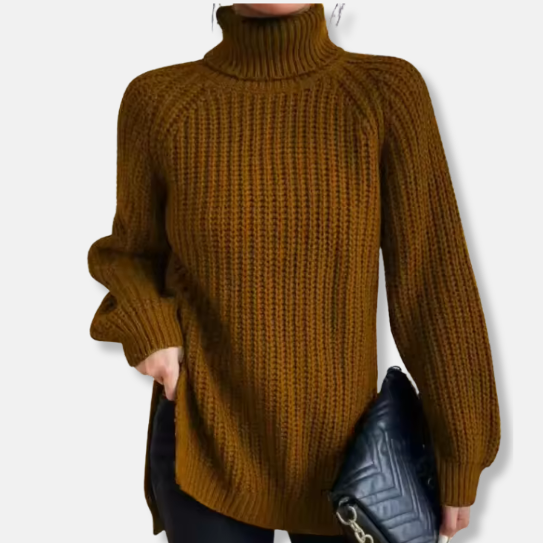 Women’s Pullover Sweater – Oversized Fit – Chunky Wool Knit – Turtleneck – Split Hem