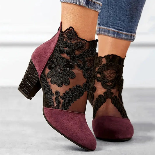 Sienna Floral Embroidered Lace Ankle Boots | Sheer Panels Ankle Boots