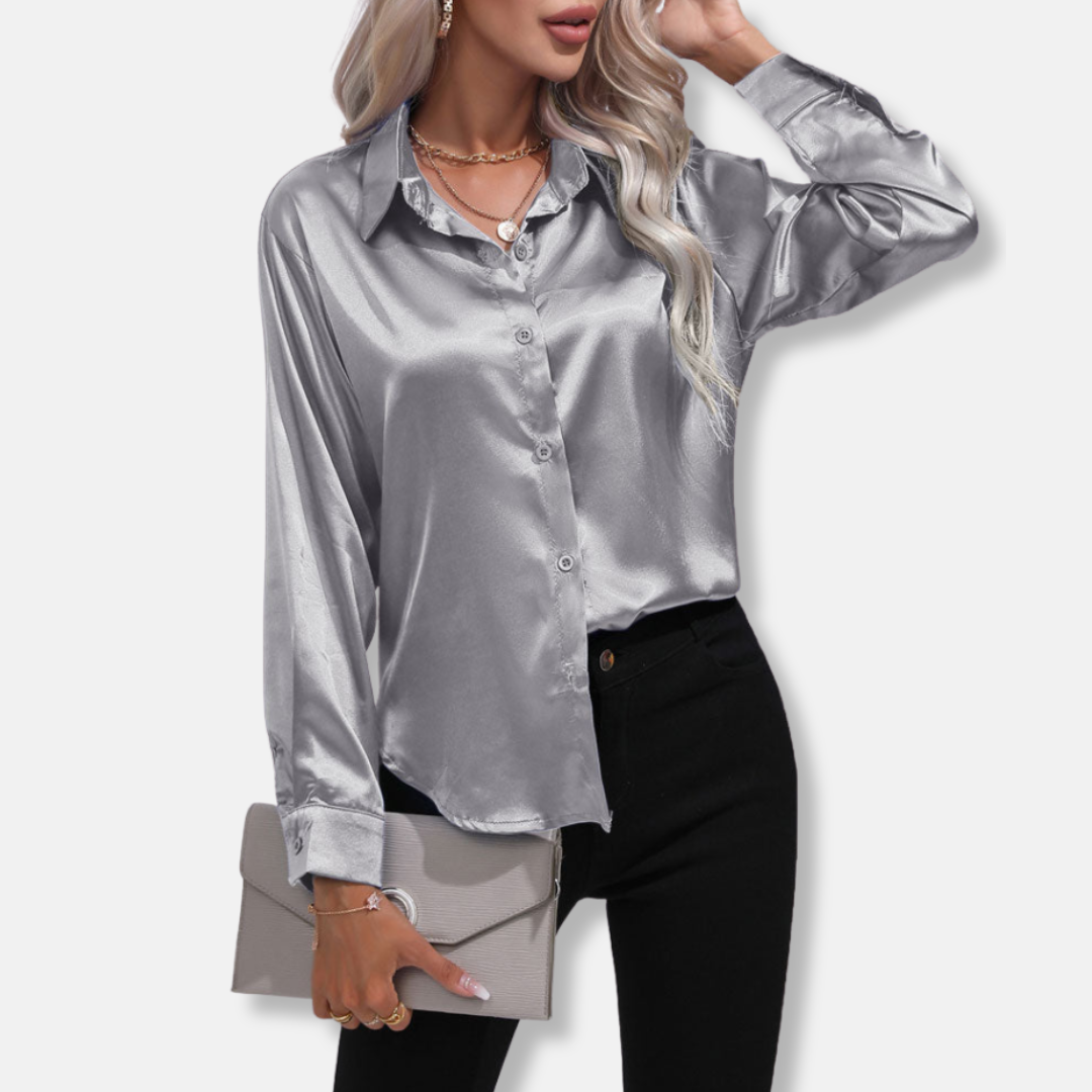 Clara Satin Button-Up Blouse | Collared Relaxed Fit Blouse
