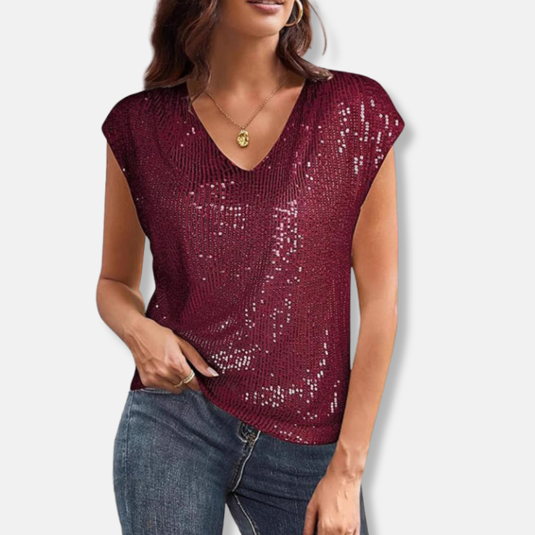Lily Sequin V-Neck Top | Relaxed Fit Cap Sleeve Top