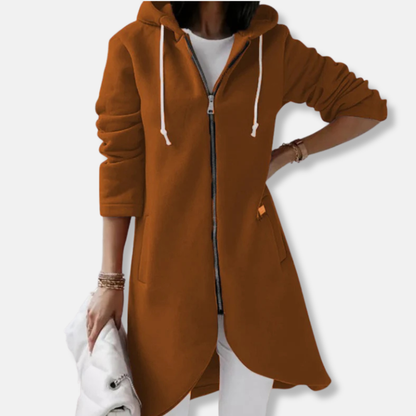 Women’s Long Hooded Sweater – Relaxed Fit – Fleece Feel – Asymmetrical Hem – Zip Front