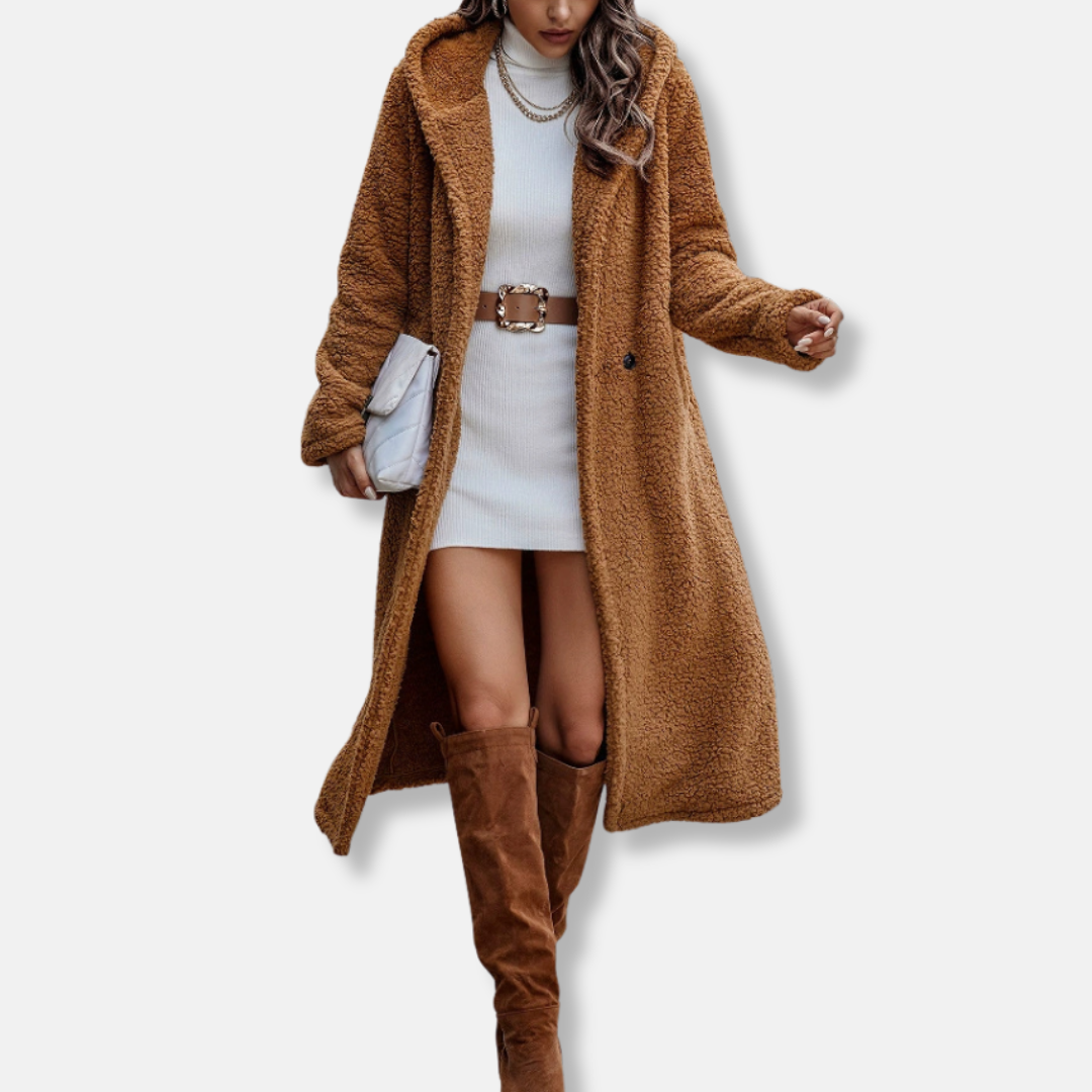Women’s Long Coat – Plush Fleece Feel – Relaxed Fit – Hooded – Notched Lapel