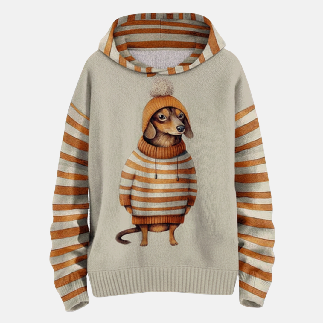 Women’s Hoodie – Relaxed Fit – Cartoon Dog Print – Striped Detail