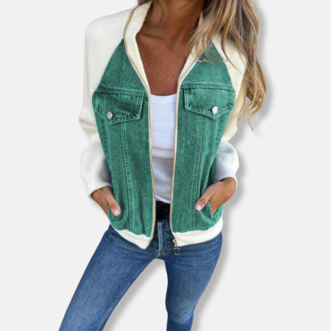 Women’s Jacket – Wool Blend with Denim Panels – Zip Front – Hip Length Casual Fit