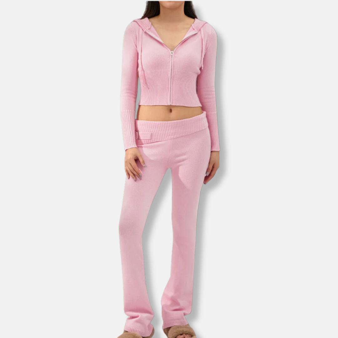 Amelia Fitted Cropped Hooded Jacket And Bootcut Pants Two-Piece Set | Ribbed Casual Loungewear