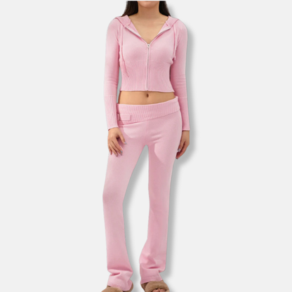 Amelia Fitted Cropped Hooded Jacket And Bootcut Pants Two-Piece Set | Ribbed Casual Loungewear