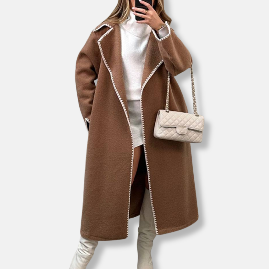 Women’s Long Coat – Oversized Fit – Wool Blend – Notched Lapels – Scalloped Trim