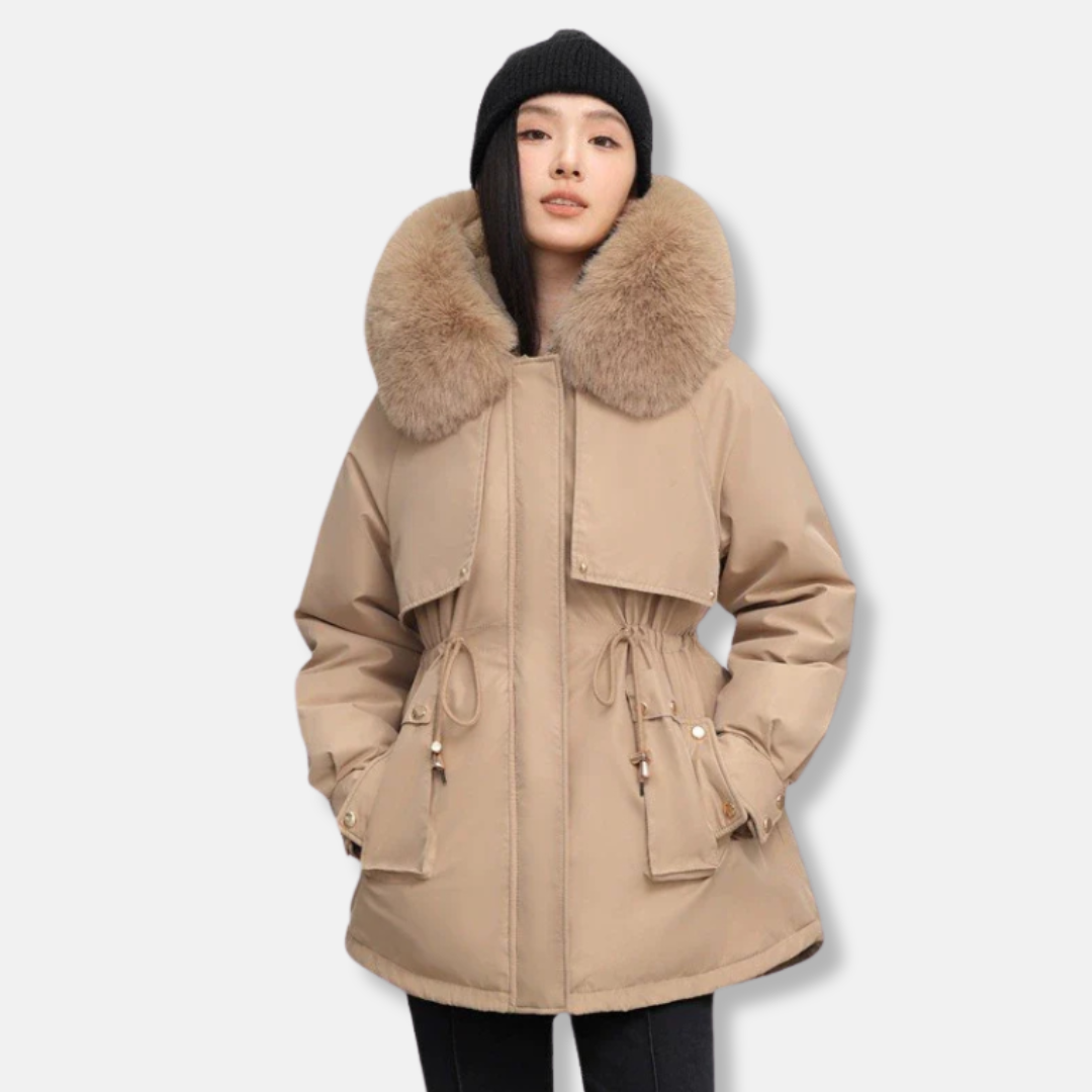 Women’s Parka Jacket – Water-Resistant – Detachable Faux Fur Collar – Adjustable Waist