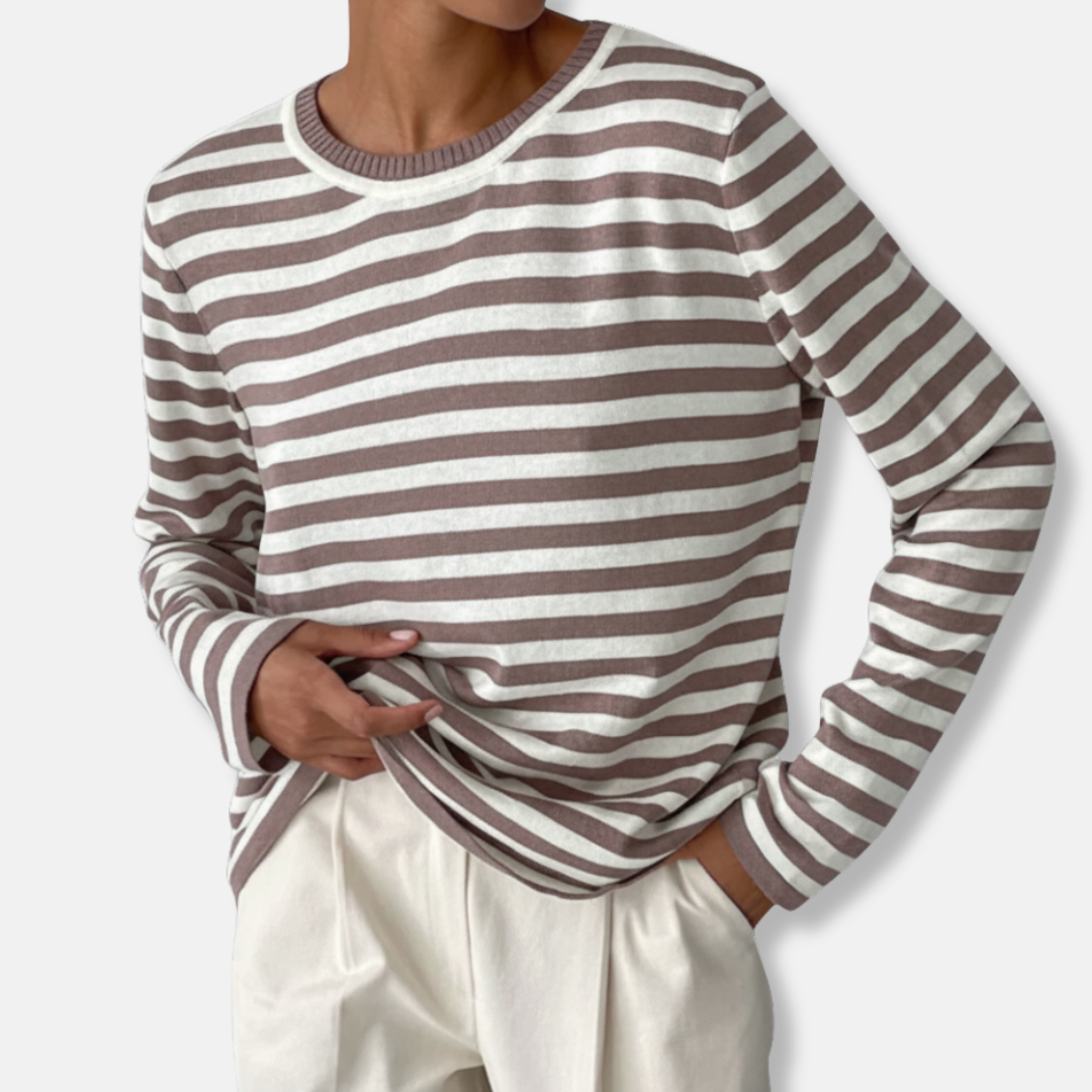 Anna Cotton Blend Relaxed Fit Long Sleeve Sweater | Striped Ribbed Crewneck Sweater