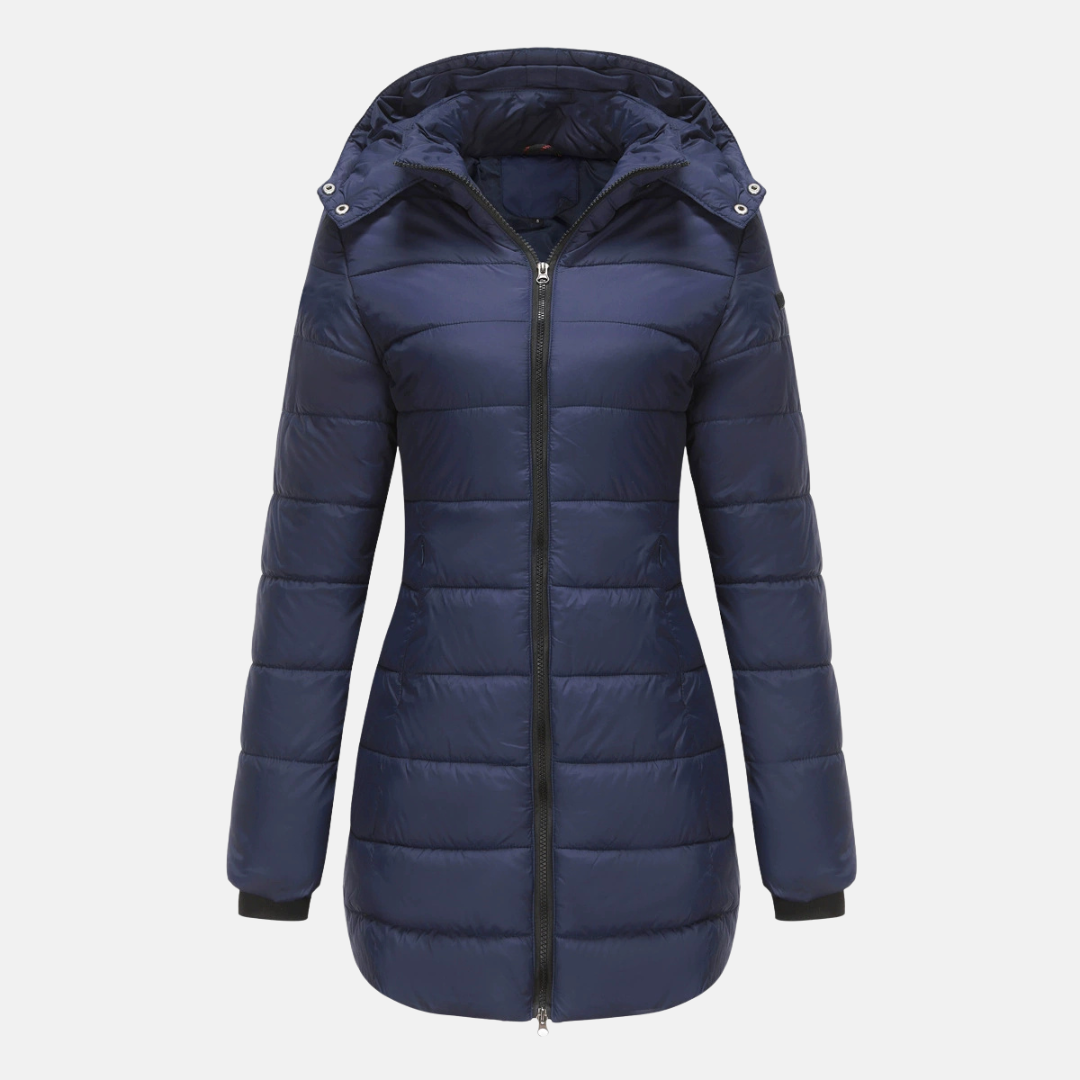 Women’s Puffer Jacket – Insulated Padding – Detachable Hood – Mid-Length Fit – Ribbed Cuffs