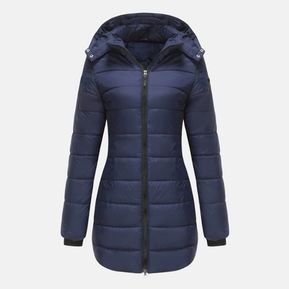 Women’s Puffer Jacket – Insulated Padding – Detachable Hood – Mid-Length Fit – Ribbed Cuffs