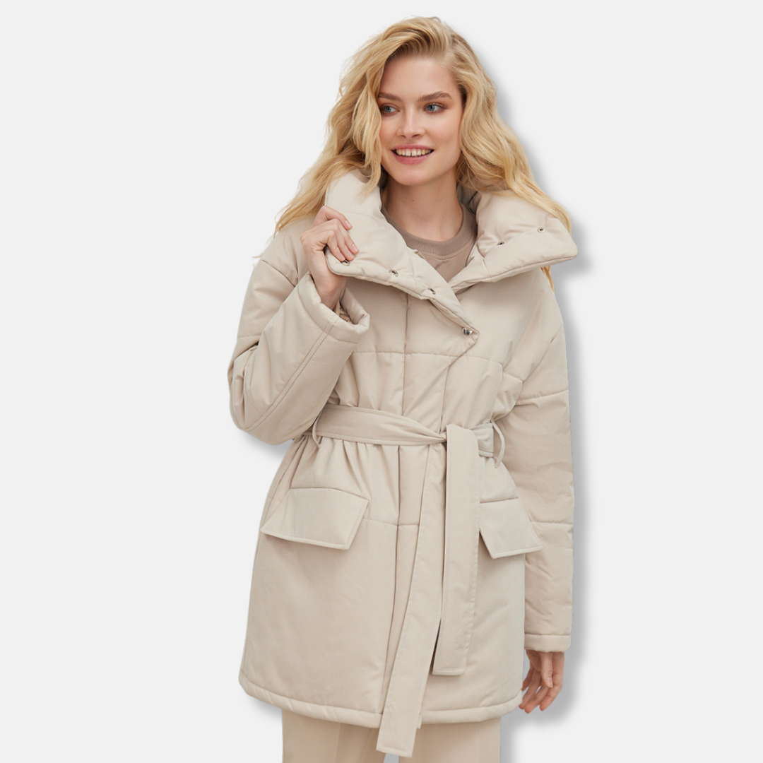 Women’s Jacket – Quilted Cotton Padded – Oversized Fit – Belted Waist – High Collar
