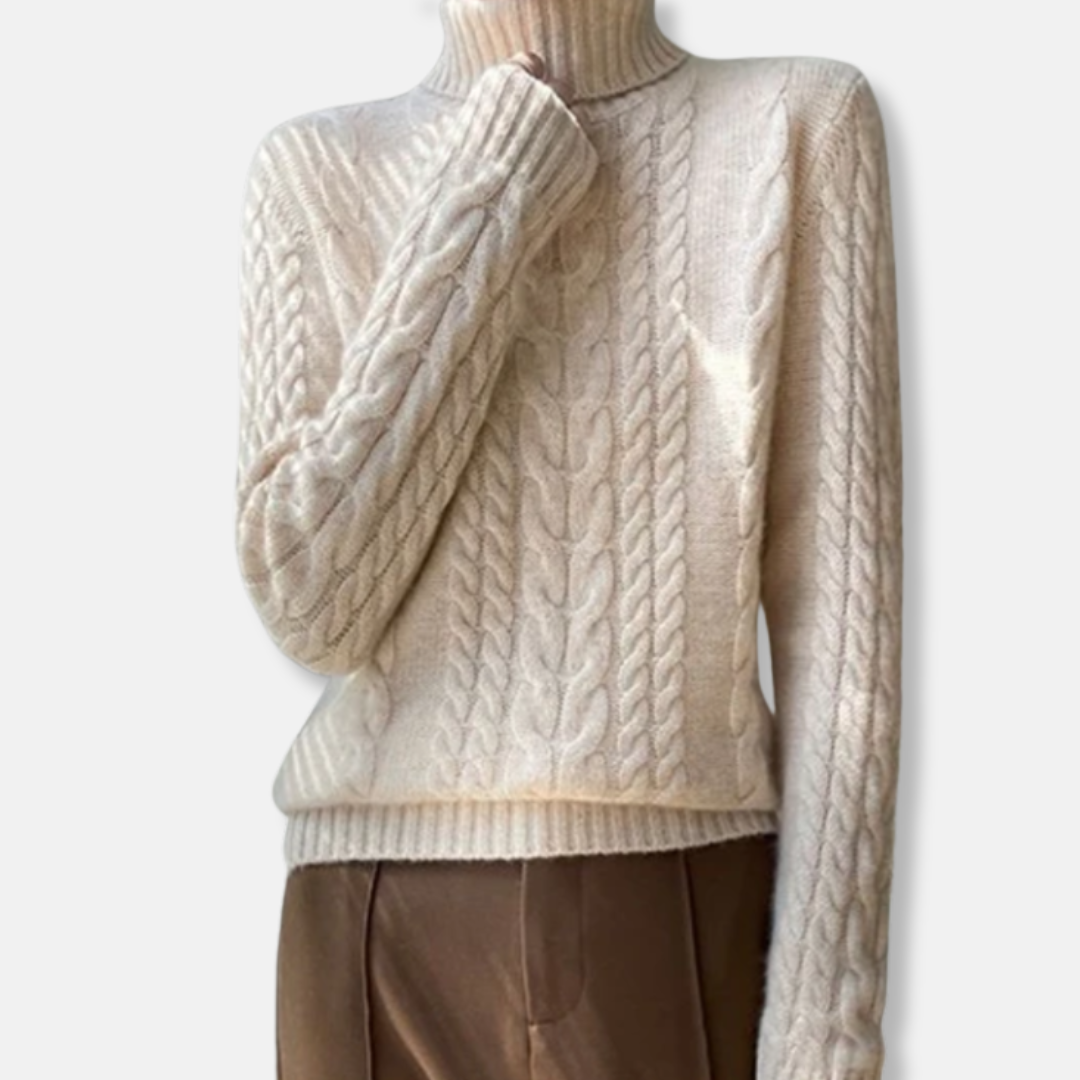 Isla Cable Knit Turtleneck Sweater | Ribbed Collar Long Sleeve Sweater