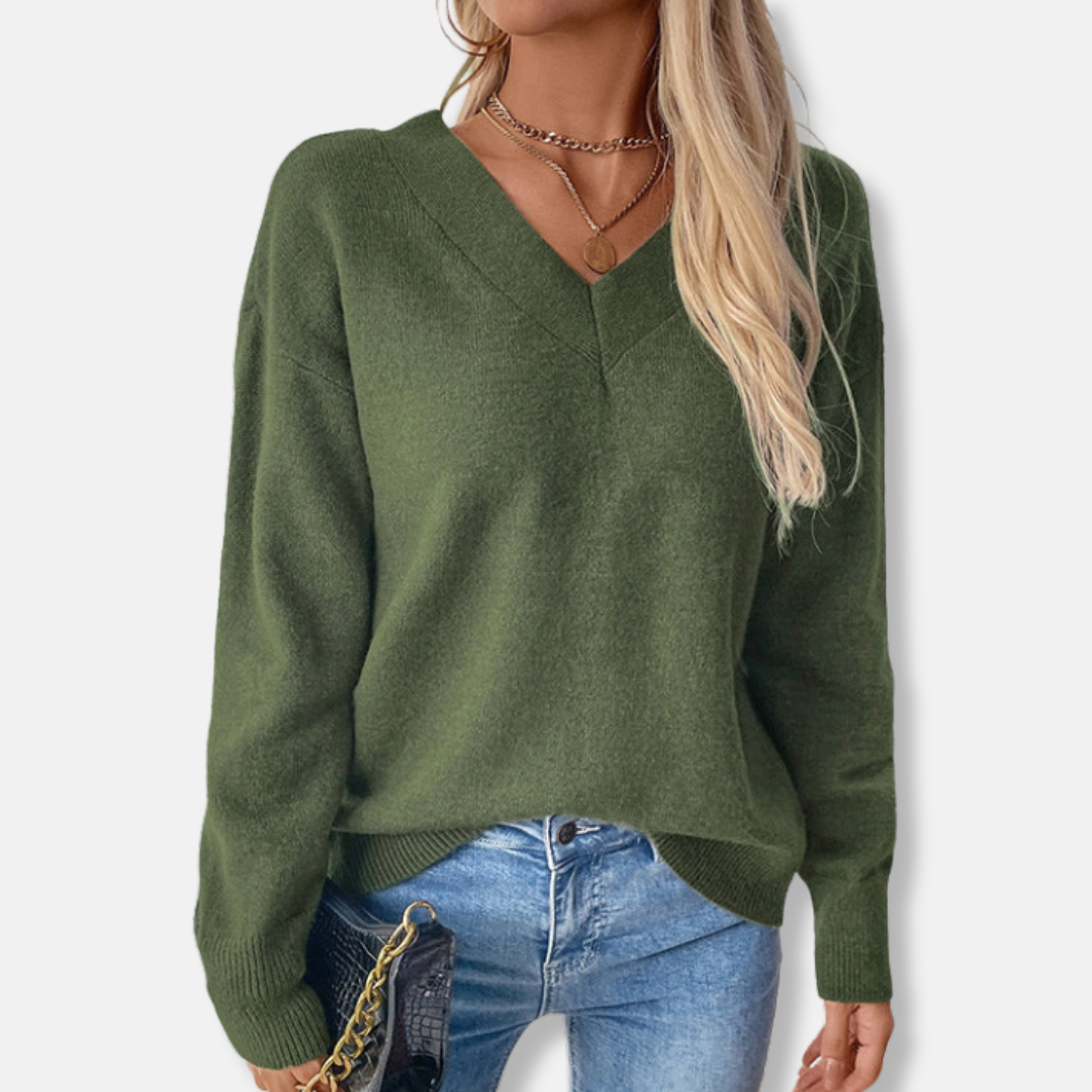 Freya V-Neck Ribbed Sweater | Relaxed Fit Long Sleeve Sweater