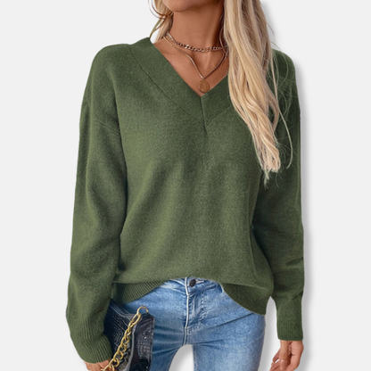 Freya V-Neck Ribbed Sweater | Relaxed Fit Long Sleeve Sweater