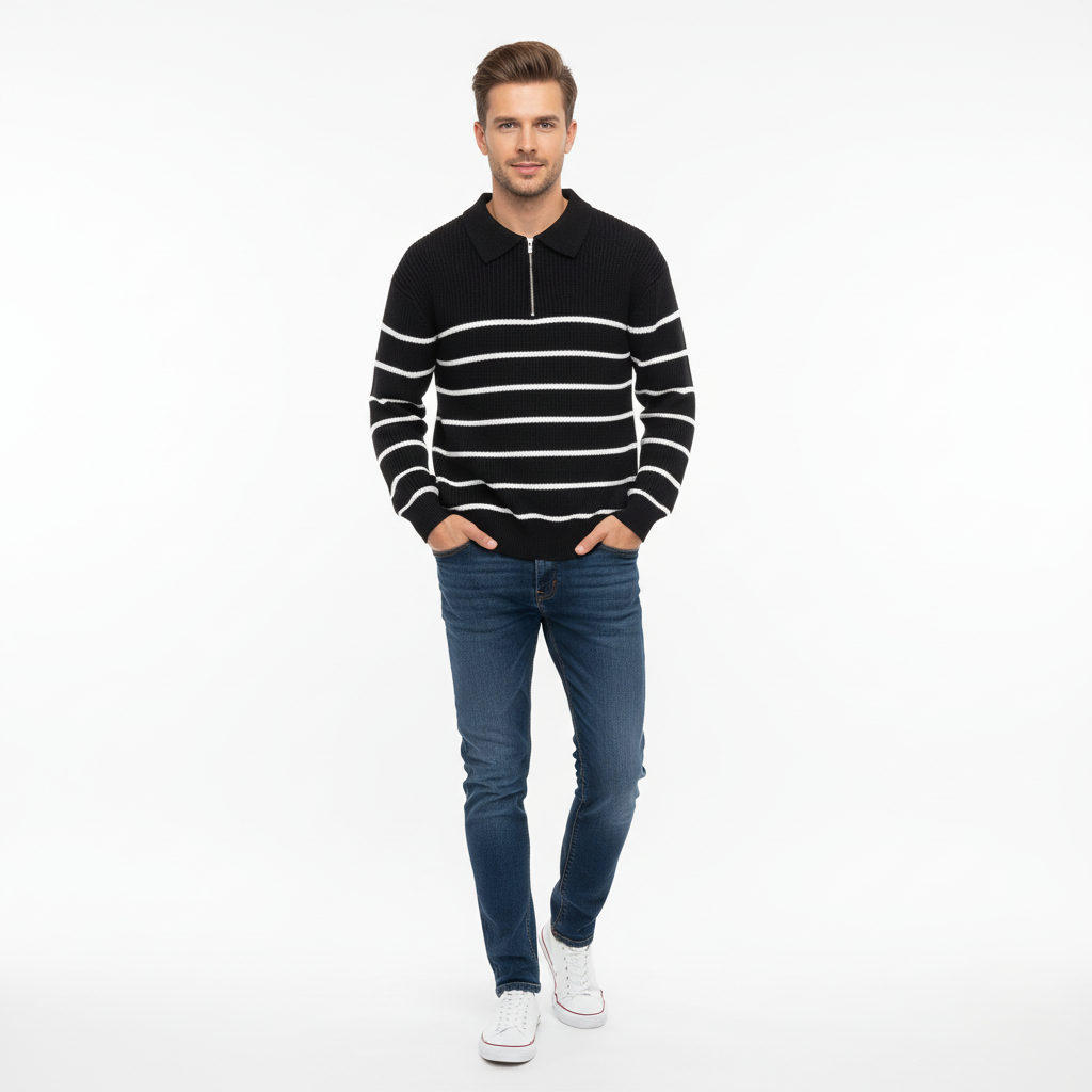 Men’s Sweater – Wool Knit – Regular Fit – Half-Zip – Ribbed Trim – Nautical Stripe