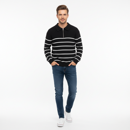 Men’s Sweater – Wool Knit – Regular Fit – Half-Zip – Ribbed Trim – Nautical Stripe