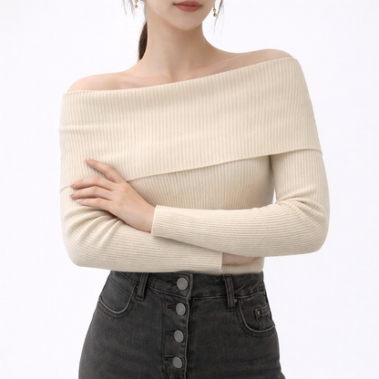 Aria Fitted Ribbed Off-Shoulder Sweater | Solid Long Sleeve Knit