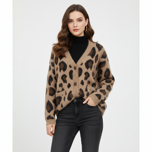 Marlena V-Neck Fuzzy Cardigan | Leopard Print Button-Front Knit