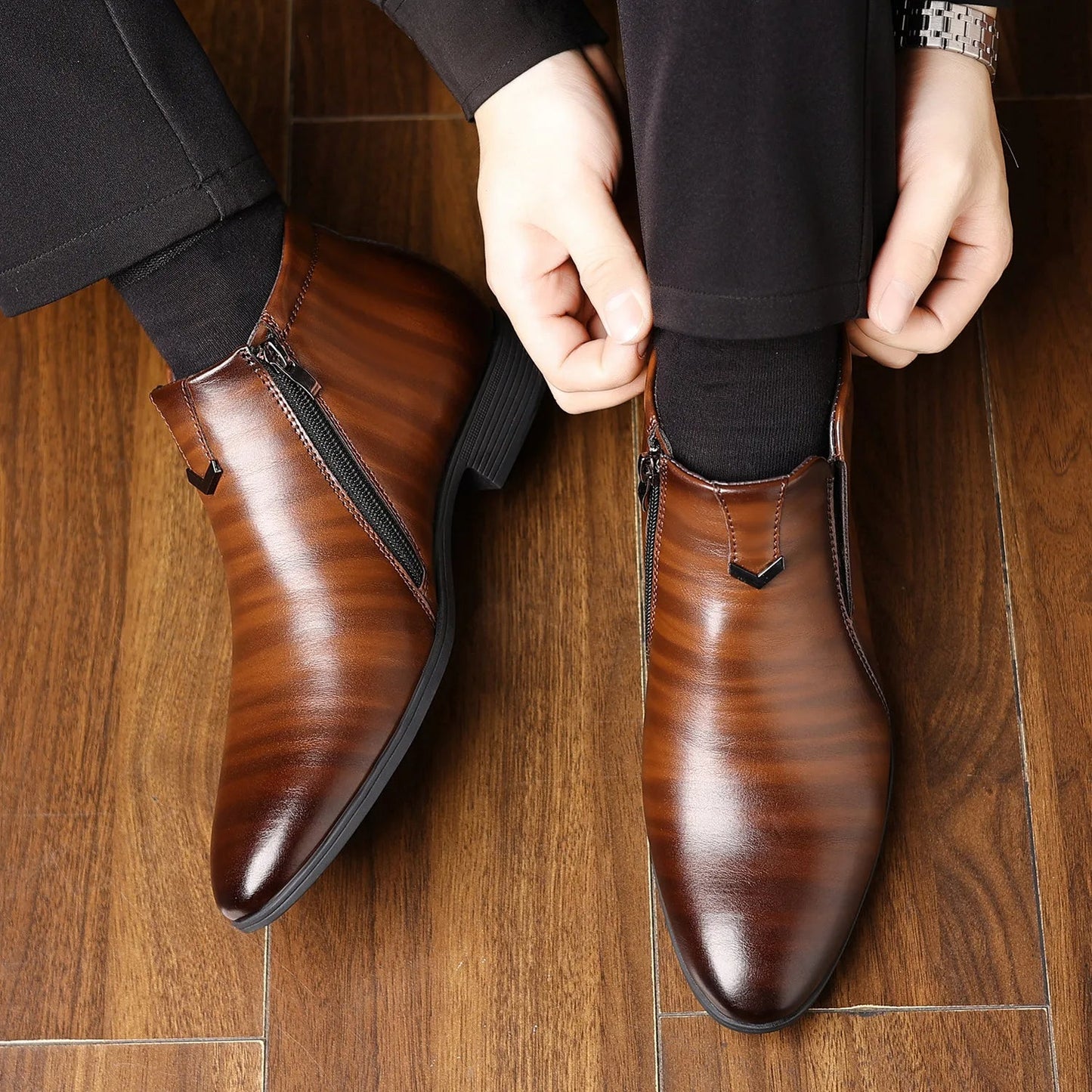 Anthony Classic Burnished Ankle Boots | Side-Zip Pointed Toe Shoes