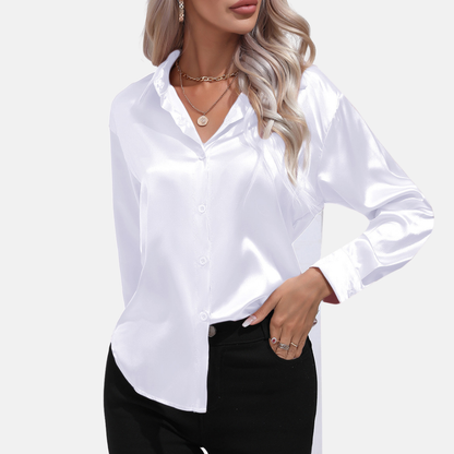 Isla Satin Button-Down Blouse | Relaxed Fit Collared Blouse
