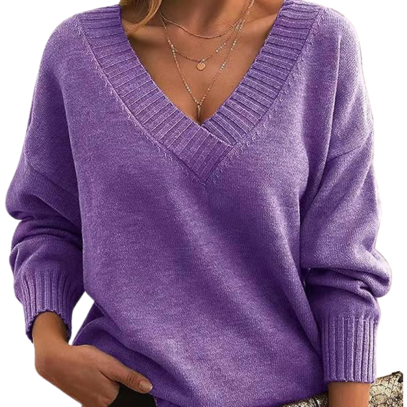 Isabella Wool Ribbed V-Neck Sweater | Relaxed Fit Hip-Length Sweater