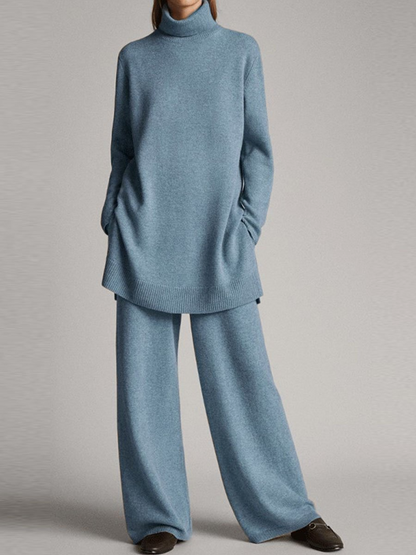 Grace Relaxed Fit Turtleneck Tunic Sweater Wide Leg Trousers Two-Piece Set | Ribbed Cuffs Side Pockets Loungewear