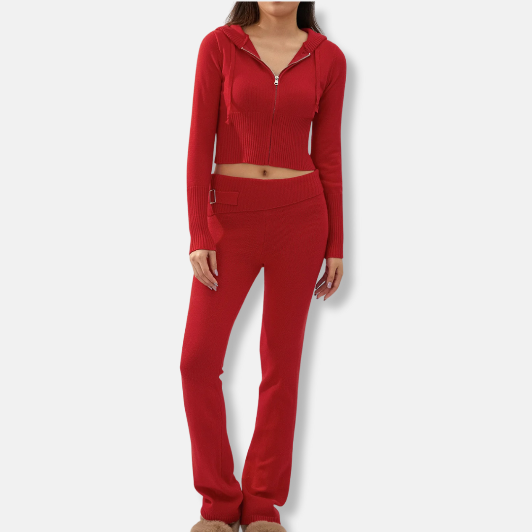 Amelia Fitted Cropped Hooded Jacket And Bootcut Pants Two-Piece Set | Ribbed Casual Loungewear