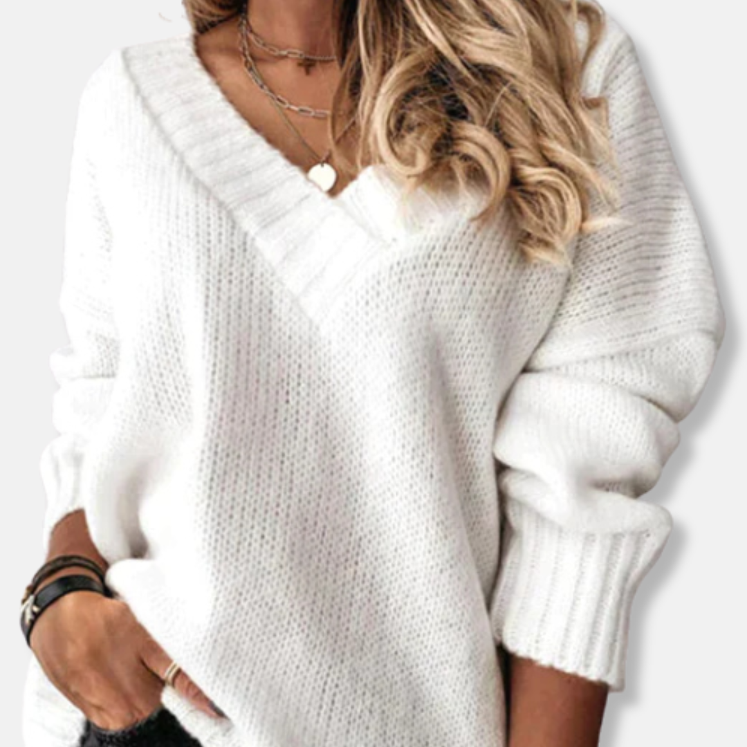 Amelia Ribbed V-Neck Sweater | Solid Relaxed Fit Sweater