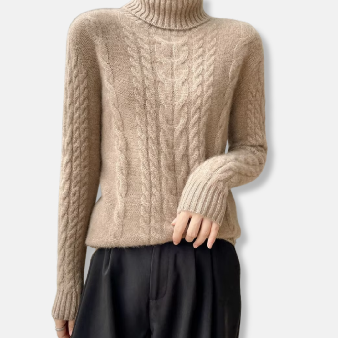 Isla Cable Knit Turtleneck Sweater | Ribbed Collar Long Sleeve Sweater