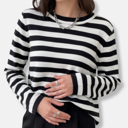 Anna Cotton Blend Relaxed Fit Long Sleeve Sweater | Striped Ribbed Crewneck Sweater