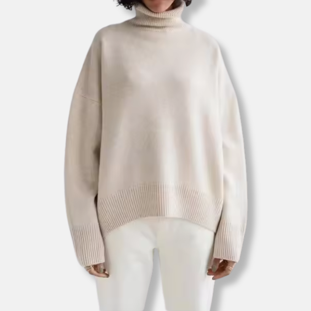 Women’s Pullover Sweater – Oversized Fit – Knit Wool Blend – Ribbed Turtleneck – Long Sleeve