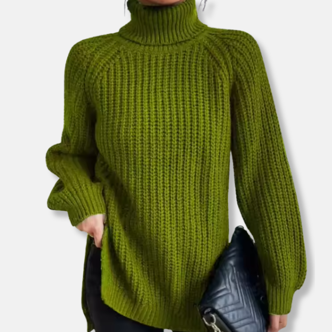 Women’s Pullover Sweater – Oversized Fit – Chunky Wool Knit – Turtleneck – Split Hem