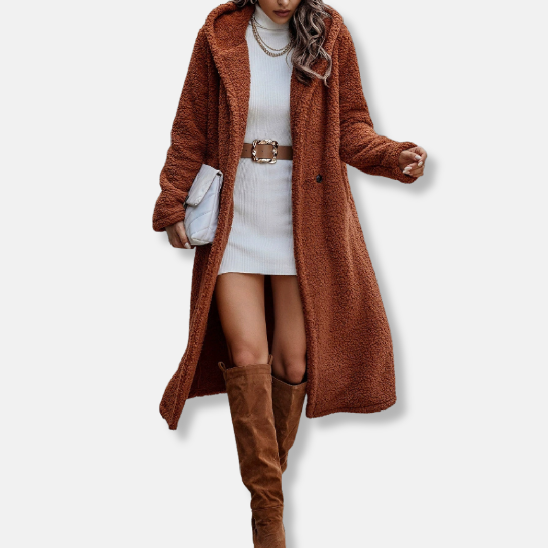 Women’s Long Coat – Plush Fleece Feel – Relaxed Fit – Hooded – Notched Lapel