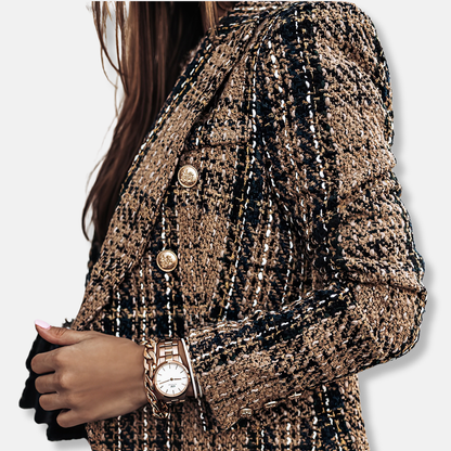 Freya Double-Breasted Blazer | Check Pattern Flap Pockets Blazer