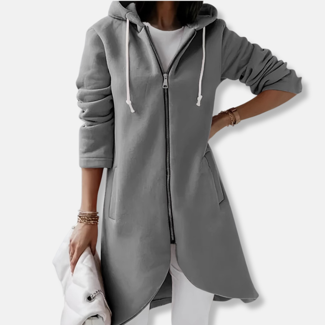 Women’s Long Hooded Sweater – Relaxed Fit – Fleece Feel – Asymmetrical Hem – Zip Front