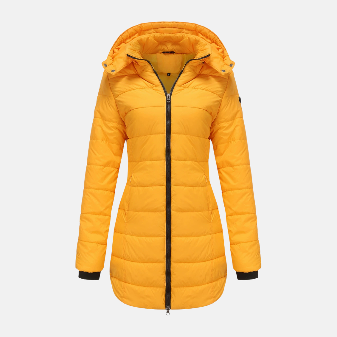 Women’s Puffer Jacket – Insulated Padding – Detachable Hood – Mid-Length Fit – Ribbed Cuffs