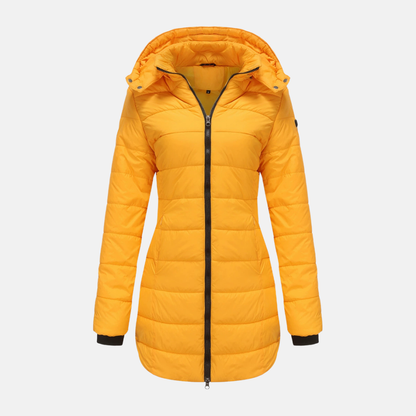 Women’s Puffer Jacket – Insulated Padding – Detachable Hood – Mid-Length Fit – Ribbed Cuffs