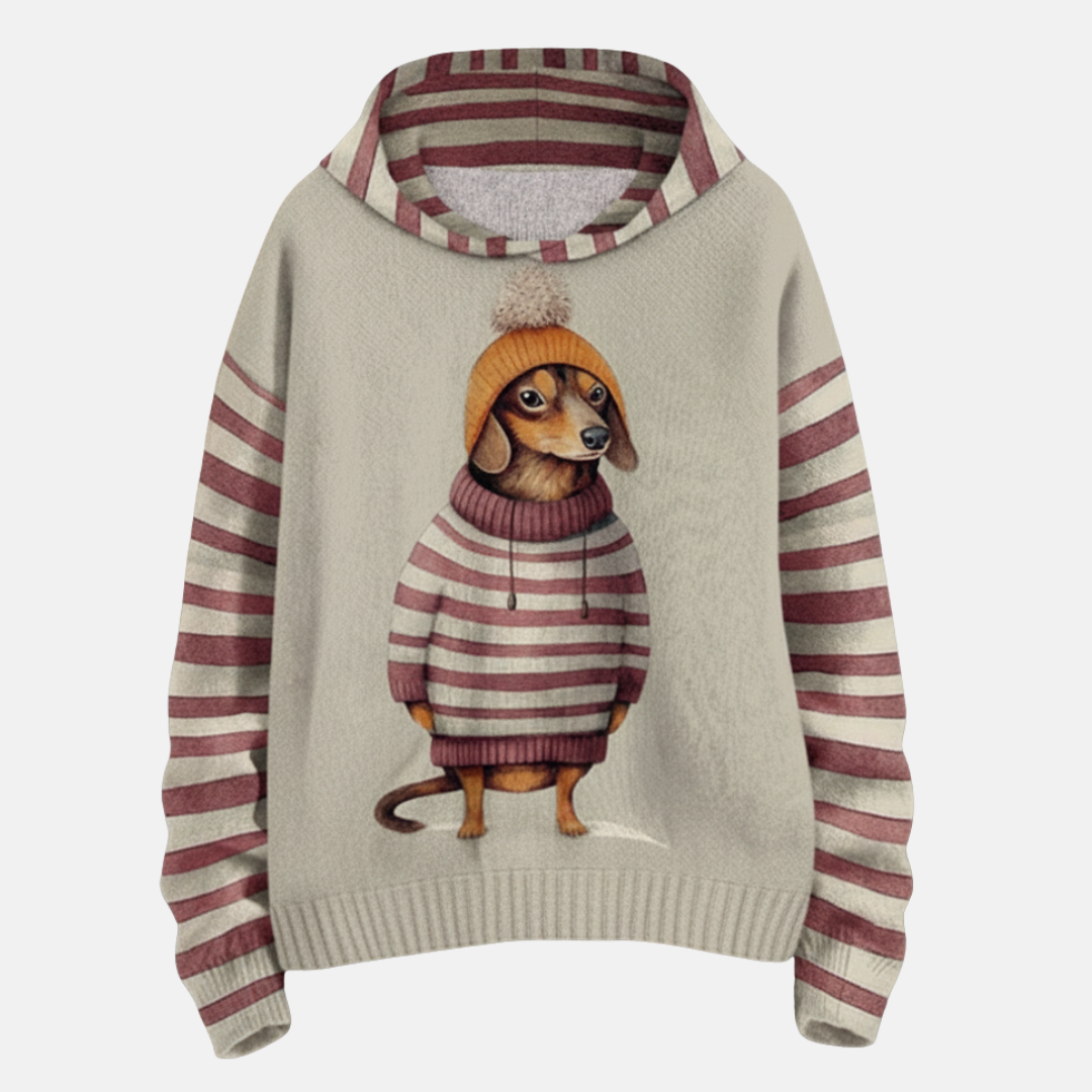 Women’s Hoodie – Relaxed Fit – Cartoon Dog Print – Striped Detail