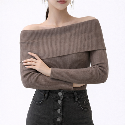 Aria Fitted Ribbed Off-Shoulder Sweater | Solid Long Sleeve Knit