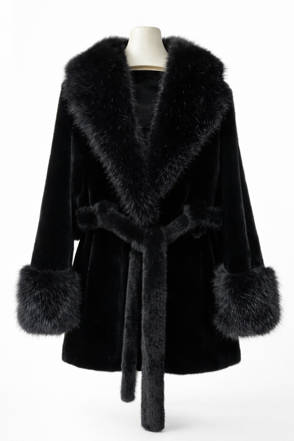 Isabella Faux Fur Trim Belted Coat – Plush Finish – Statement Collar