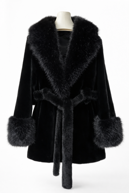 Isabella Faux Fur Trim Belted Coat – Plush Finish – Statement Collar