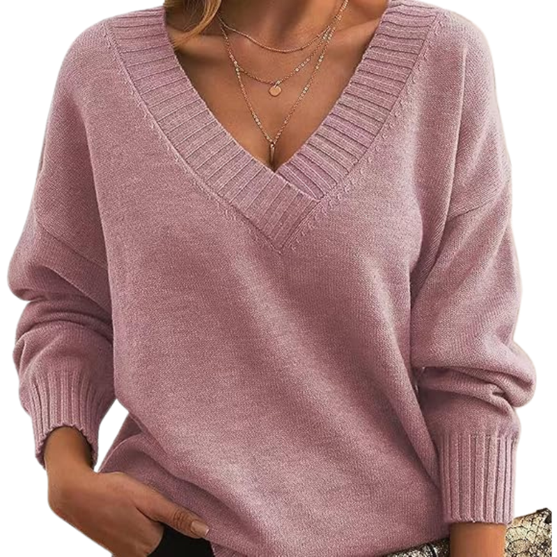 Isabella Wool Ribbed V-Neck Sweater | Relaxed Fit Hip-Length Sweater