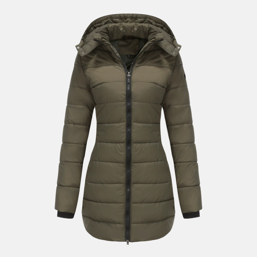 Women’s Puffer Jacket – Insulated Padding – Detachable Hood – Mid-Length Fit – Ribbed Cuffs