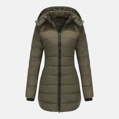 Women’s Puffer Jacket – Insulated Padding – Detachable Hood – Mid-Length Fit – Ribbed Cuffs