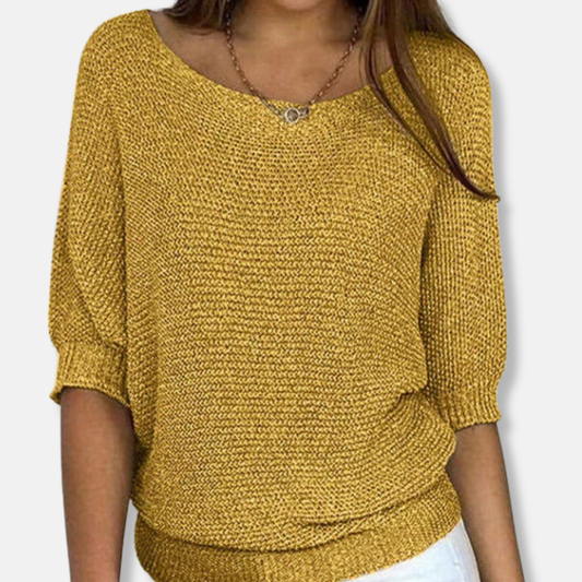 Isla Relaxed Fit Sweater | Scoop Neck Three-Quarter Sleeve Sweater