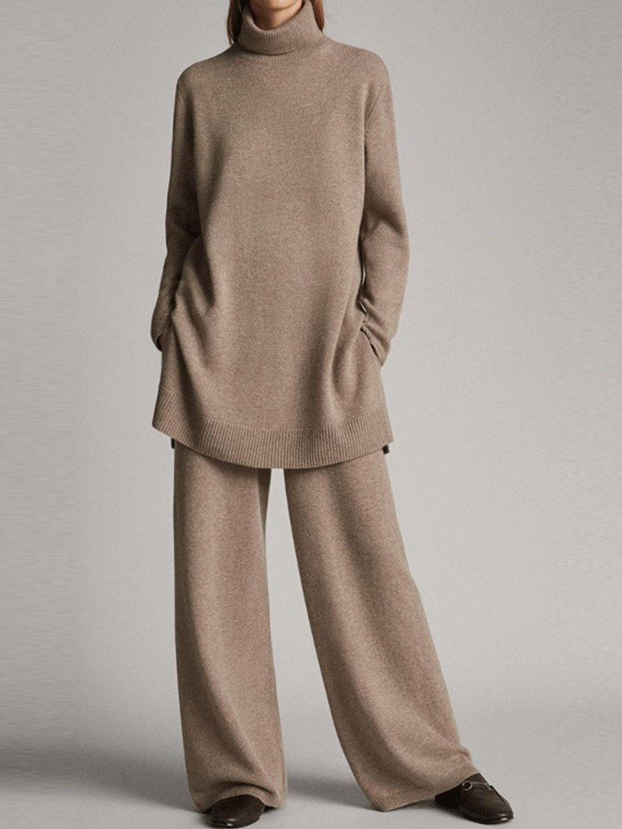 Grace Relaxed Fit Turtleneck Tunic Sweater Wide Leg Trousers Two-Piece Set | Ribbed Cuffs Side Pockets Loungewear