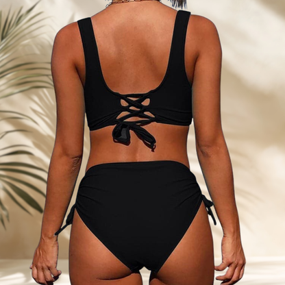 Freya Fitted Wrap Bikini Top and Ruched High-Waist Bottom Two-Piece Set | Wide Straps Adjustable Side Ties Bikini