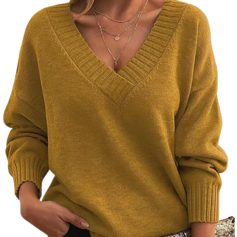 Isabella Wool Ribbed V-Neck Sweater | Relaxed Fit Hip-Length Sweater