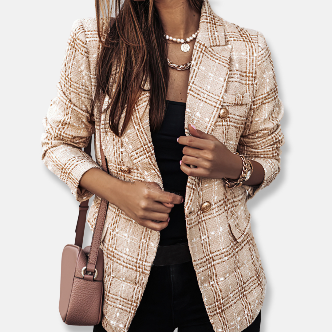 Freya Double-Breasted Blazer | Check Pattern Flap Pockets Blazer